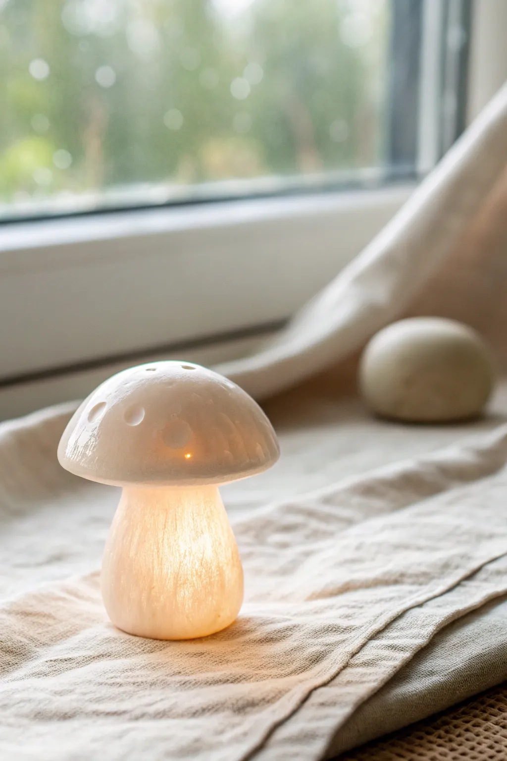 A tiny translucent clay mushroom that softly glows when held up to the light