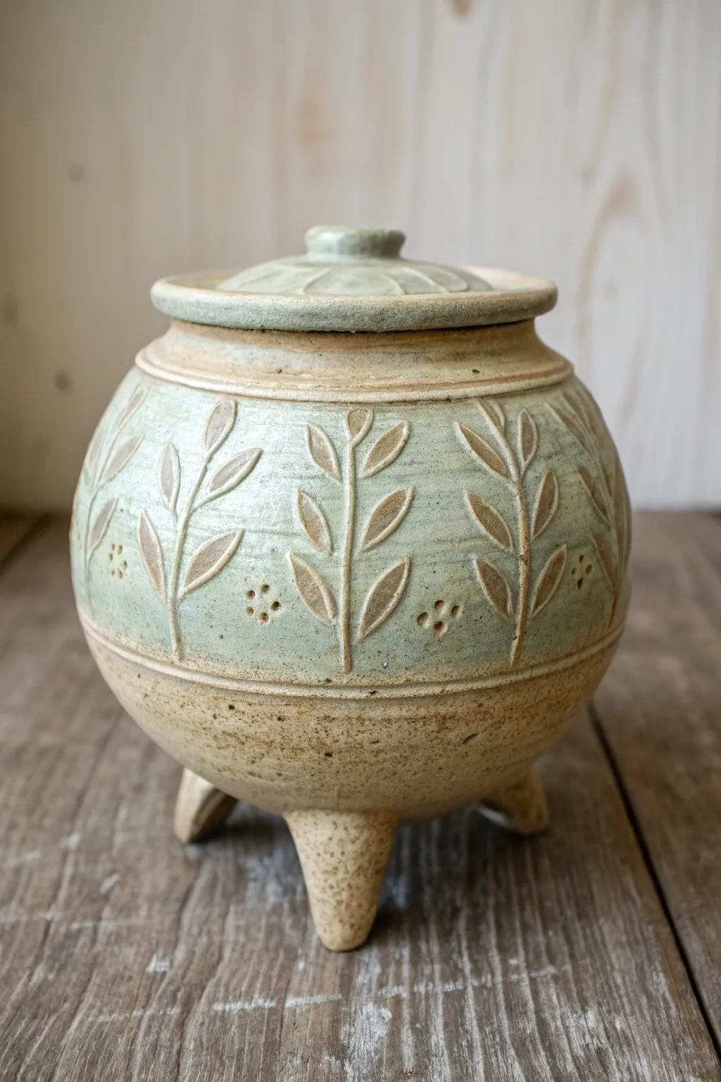 Sprigged tripod jar with crisp relief and softly glazed legs for minimalist boho pottery decor.