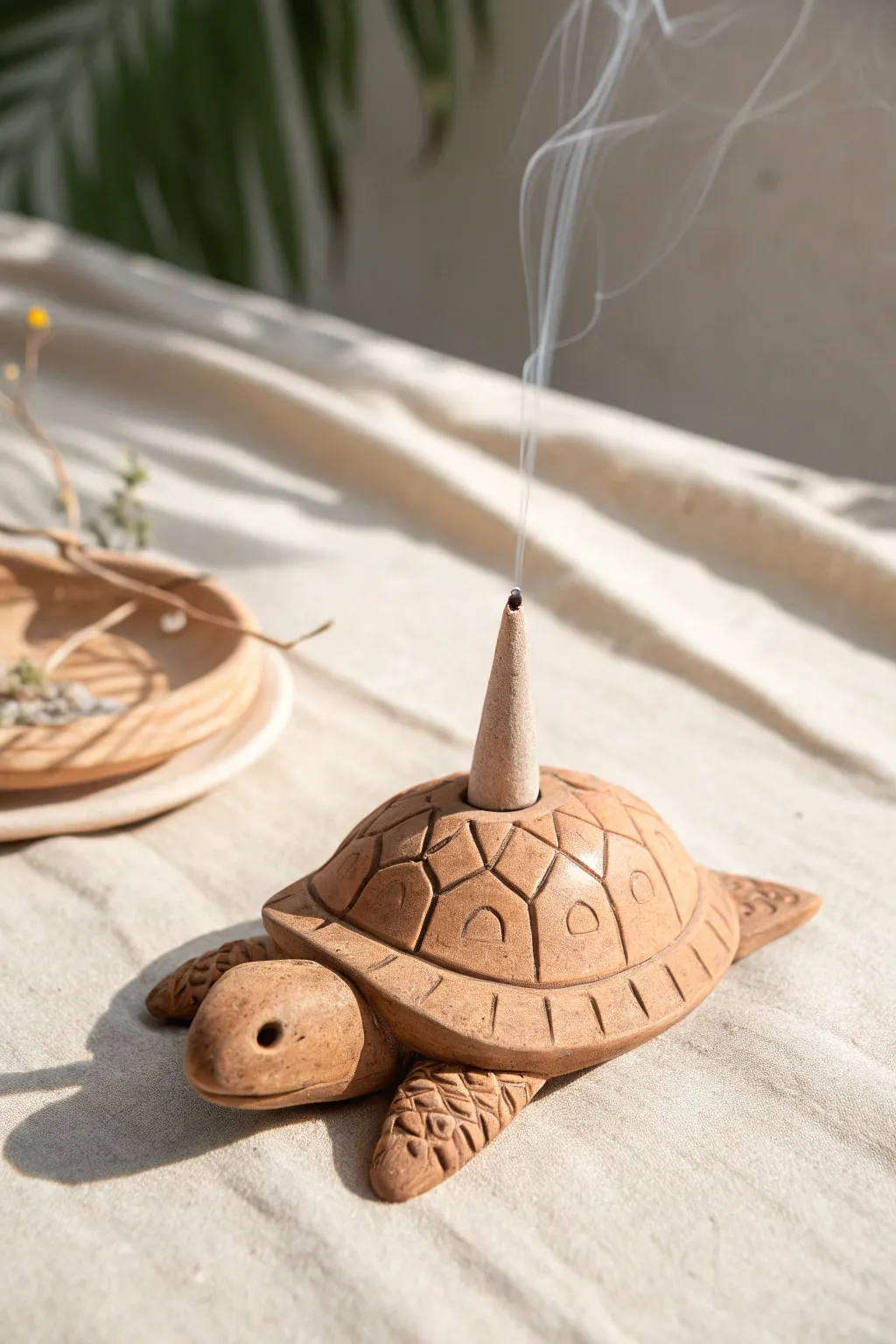 Minimal clay turtle incense holder with dreamy smoke trail, calm neutral tones and cozy boho vibes