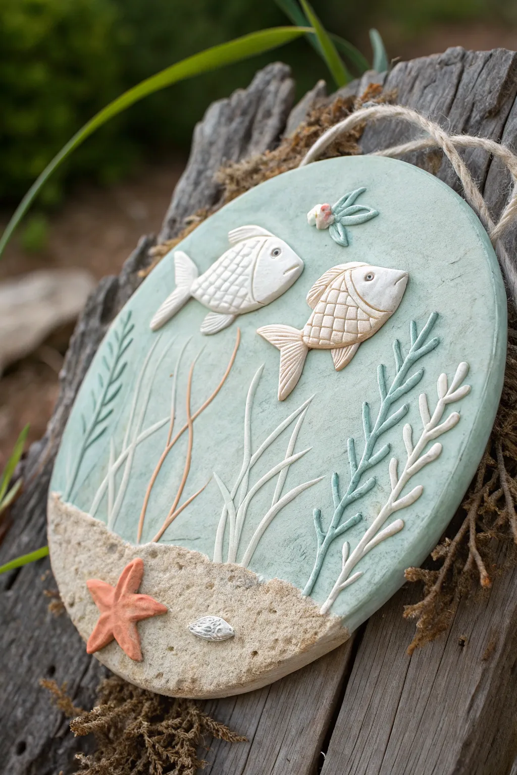 Minimal undersea clay plaque with smooth fish and fuzzy sea plants for soft, boho texture