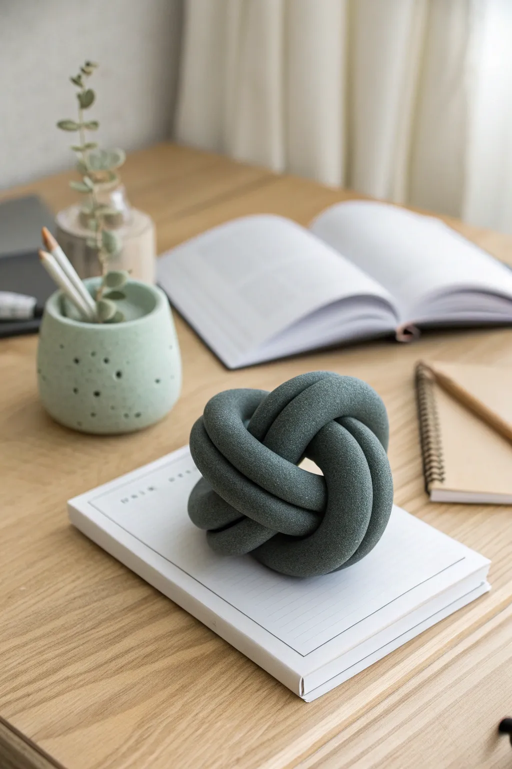 Matte knot polymer clay paperweight on minimalist papers, plus a second color for inspo.