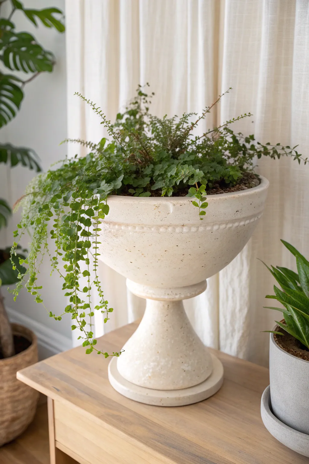 Pedestal urn planter with trailing greens cascading like a curtain to spotlight the stem.