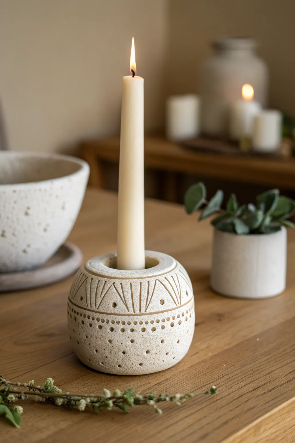 Chunky clay candle holder with pressed texture and an ivory taper candle for cozy minimalist evenings.