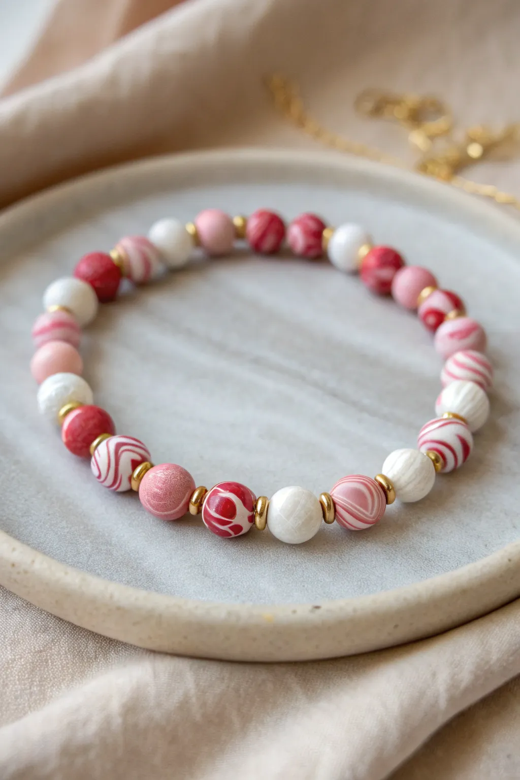 Strawberry milk marble clay bead bracelet with creamy swirls and crisp white heishi beads.