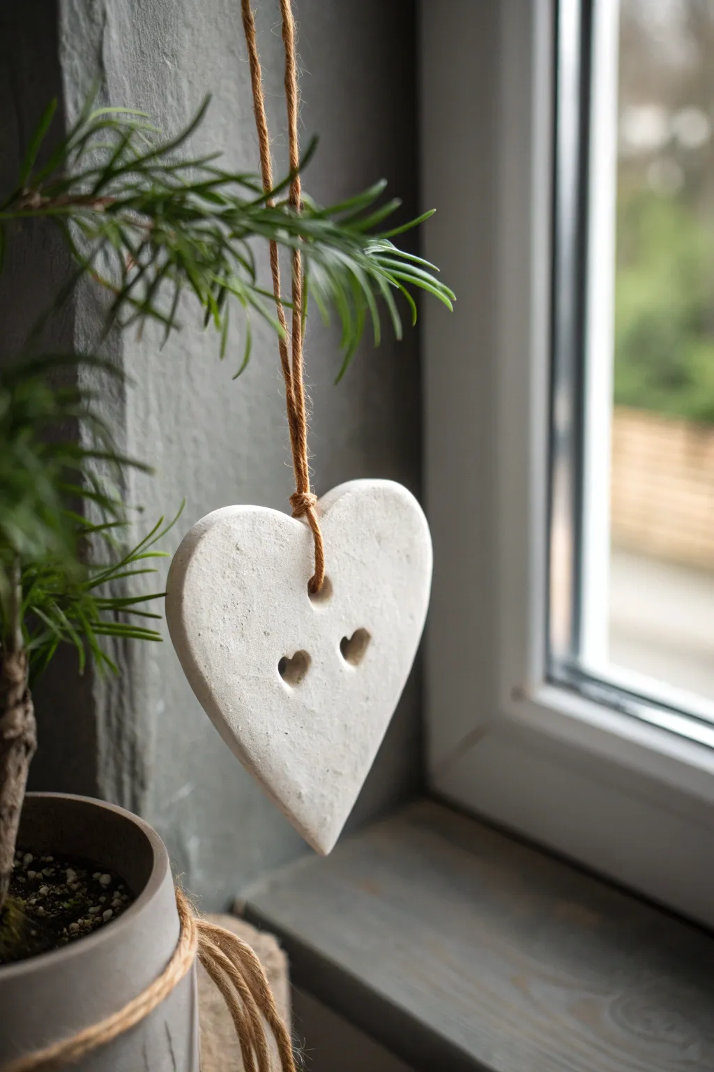 Simple air dry clay diffuser heart hanging freshener for soft, minimalist Valentines Day decor.