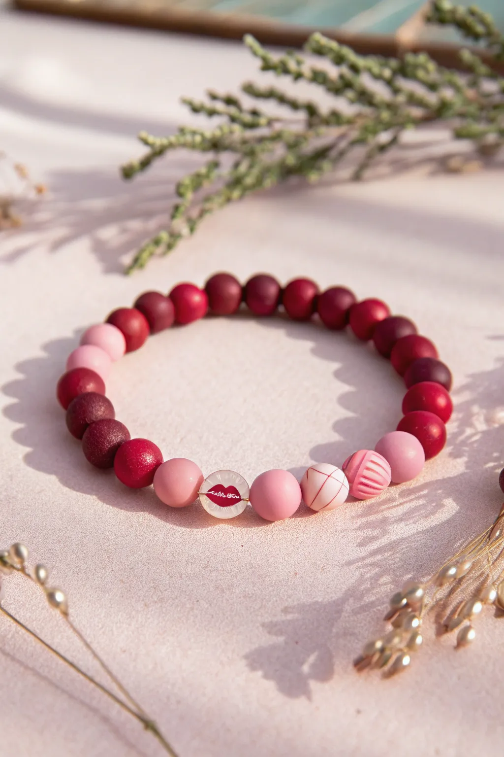 Tiny kiss-mark centerpiece meets red and blush clay beads for a sweet minimalist Valentine bracelet.