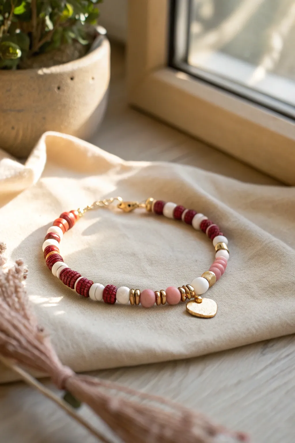 Cupid arrow stripes in red, white, gold and blush pink, a minimalist clay bracelet for Valentines