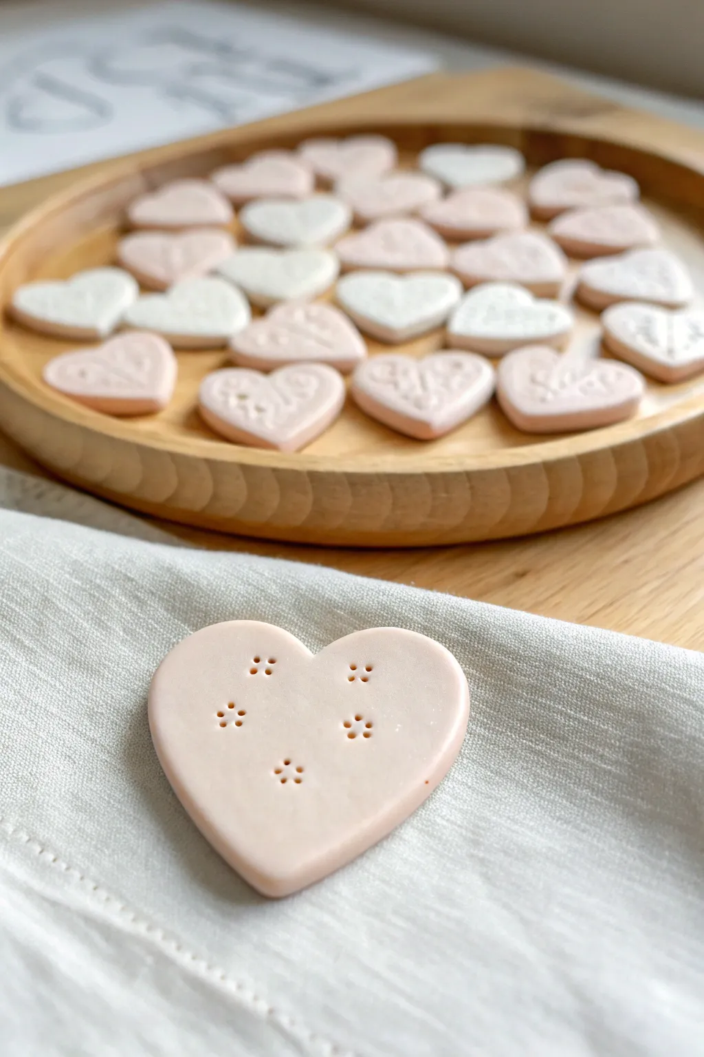 Sweet stamped heart tokens for lunchbox love notes, minimalist clay keepsakes in soft blush tones