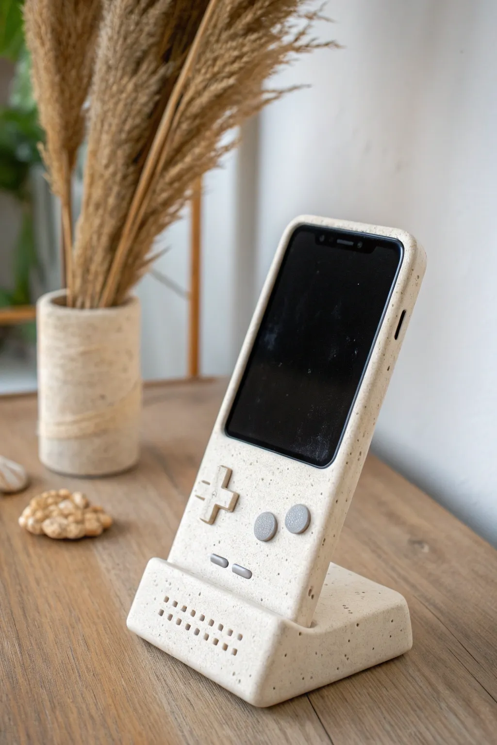DIY clay handheld console phone stand with clean lines, cozy textures, and modern minimalist vibes