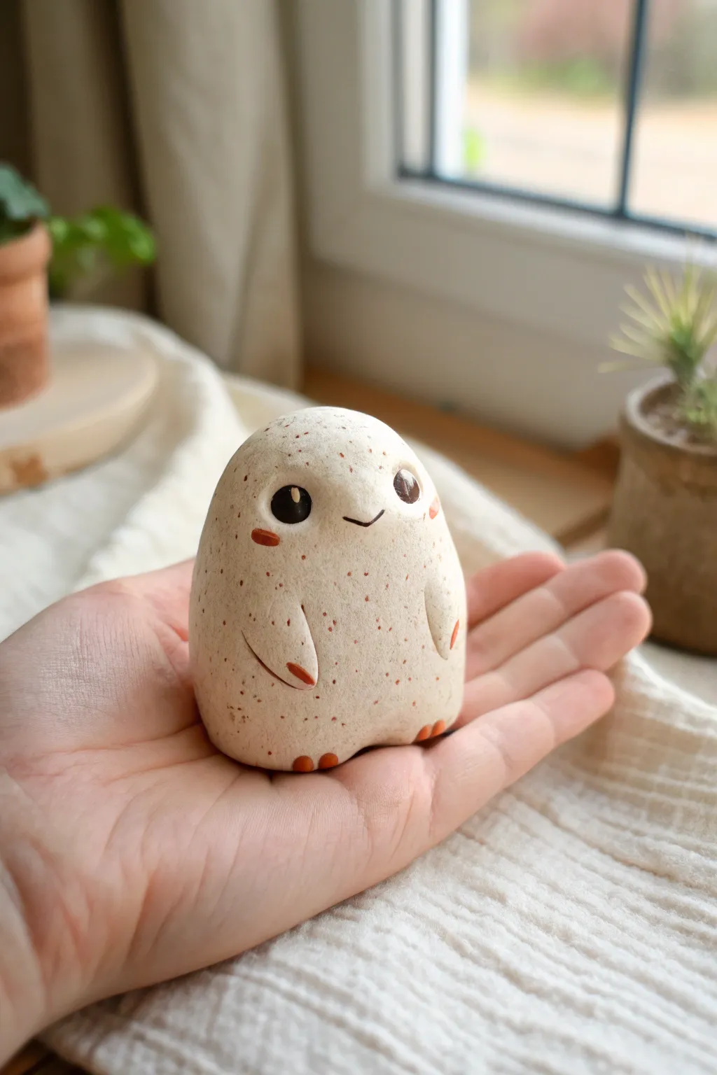 Adorably odd pocket guardian with mismatched eyes, a tiny handmade creature for your keys.