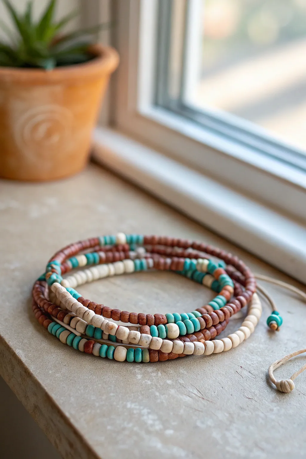 Desert-tone clay heishi wrap bracelet, lariat coils on stone with Scandinavian boho calm.
