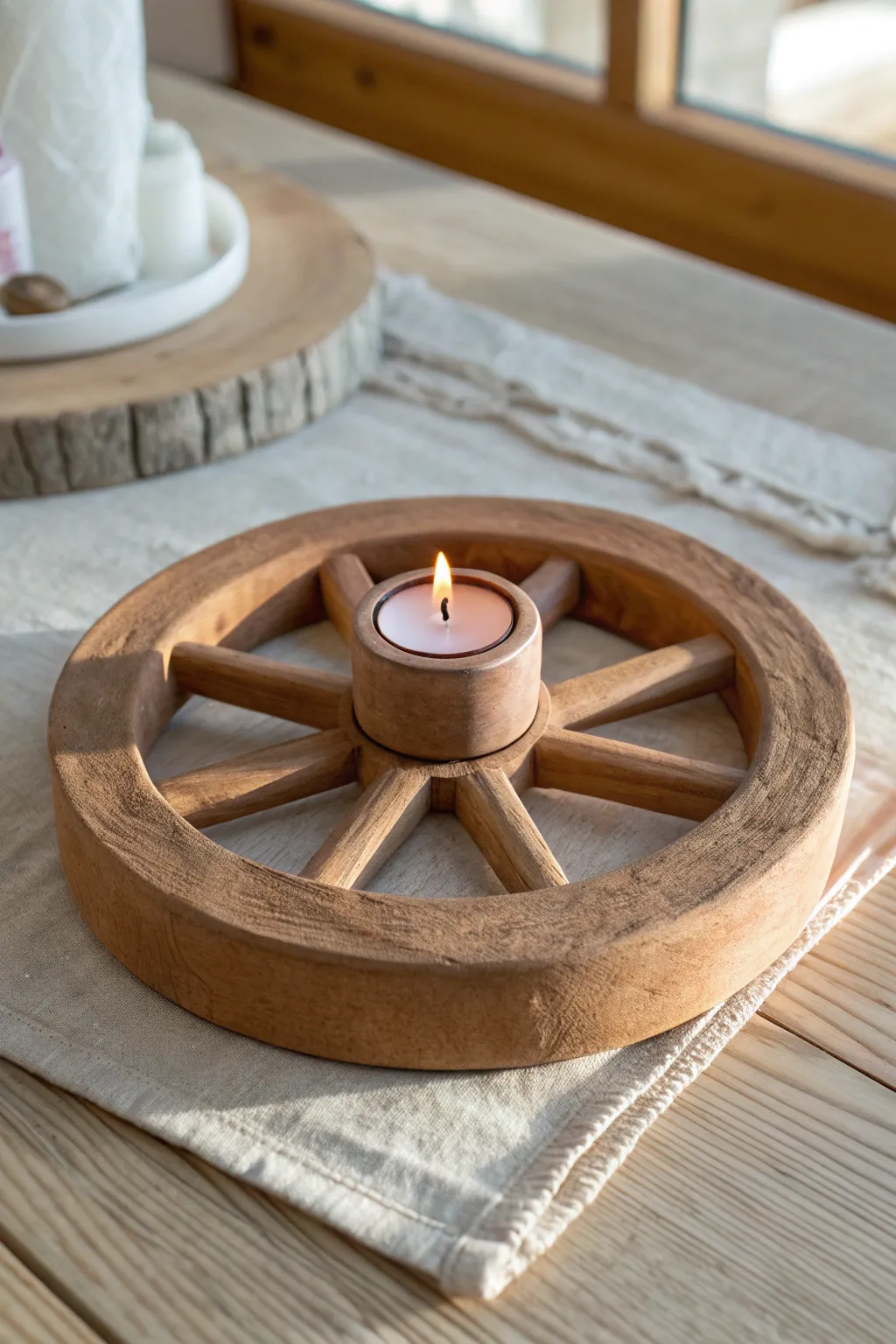 Chunky wagon wheel tea light holder in warm terracotta, simple spokes and cozy rustic shadows