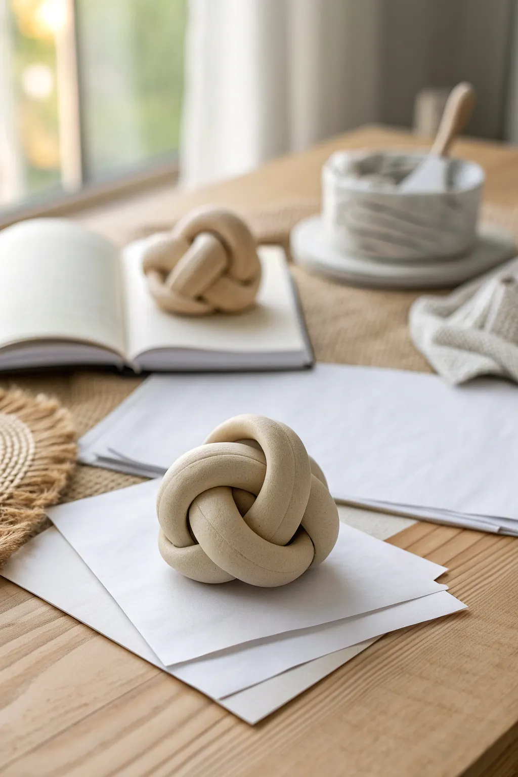 Handmade clay knot paperweight in soft neutrals, minimalist and boho, perfect for a calm desk.