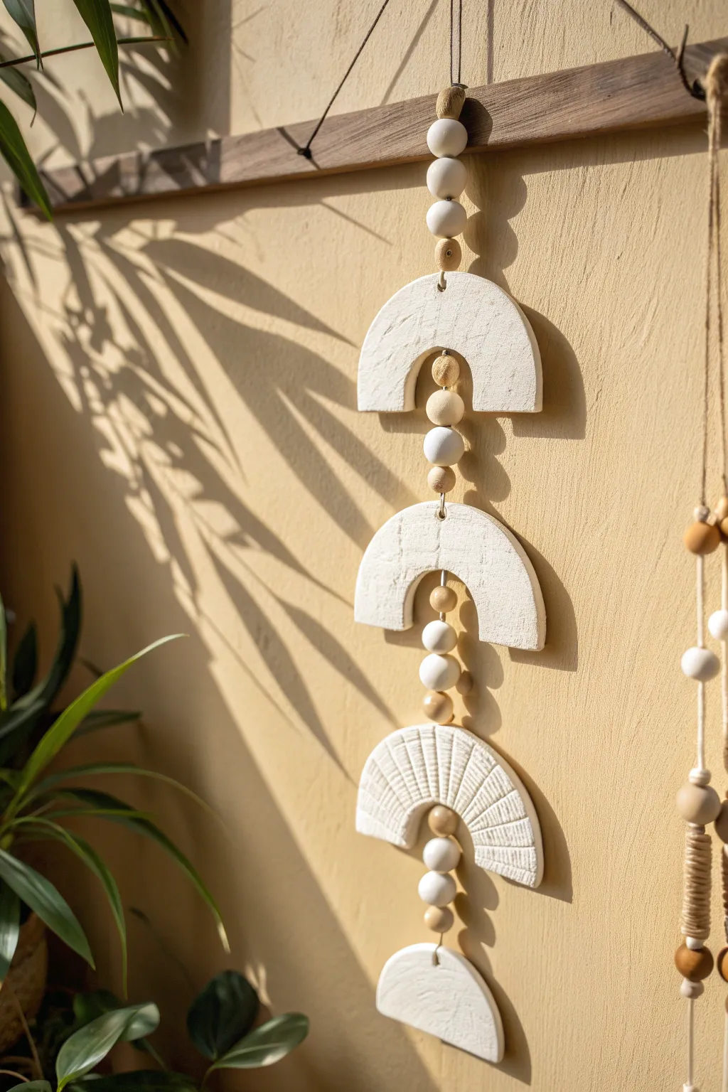 Minimal boho clay wall hanging with arches and circles, softly lit for calm Scandinavian style