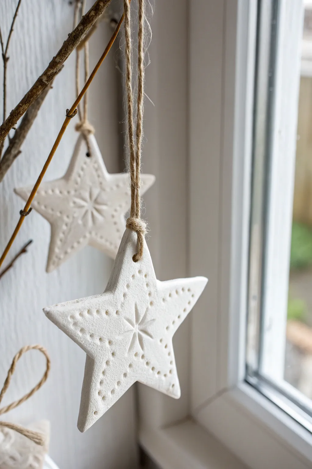 Embossed white clay stars on neutral ribbons, a minimalist boho holiday accent for any space.