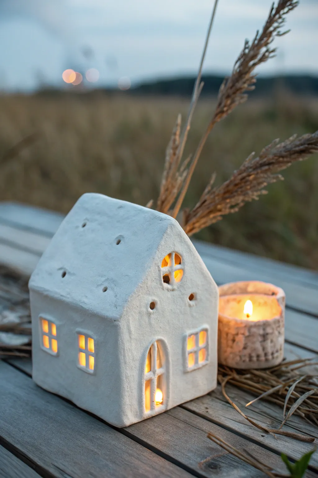 Minimal white clay house luminary with warm window glow, cozy dusk contrast and Scandinavian calm