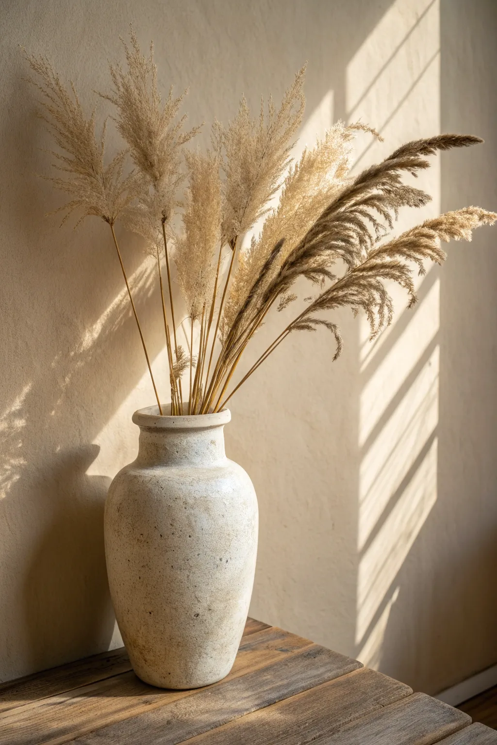 Wide mouth vase with a bold fan of dried grasses for calm Scandinavian-boho styling.