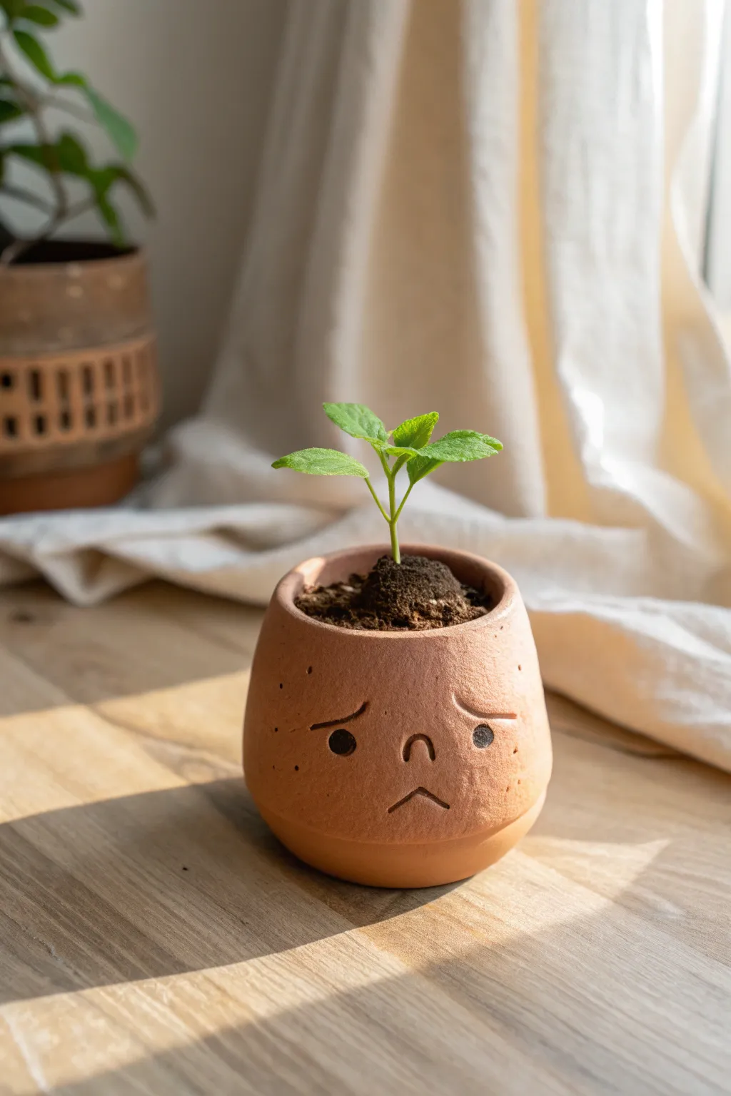 Grumpy little root baby peeking from a terracotta pot, the cutest wizard-school plant companion