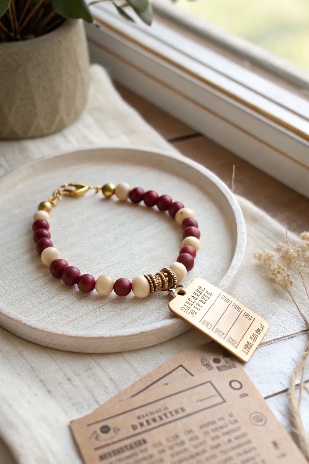 Burgundy, cream and gold clay bead bracelet with a tiny ticket charm for steam-train vibes