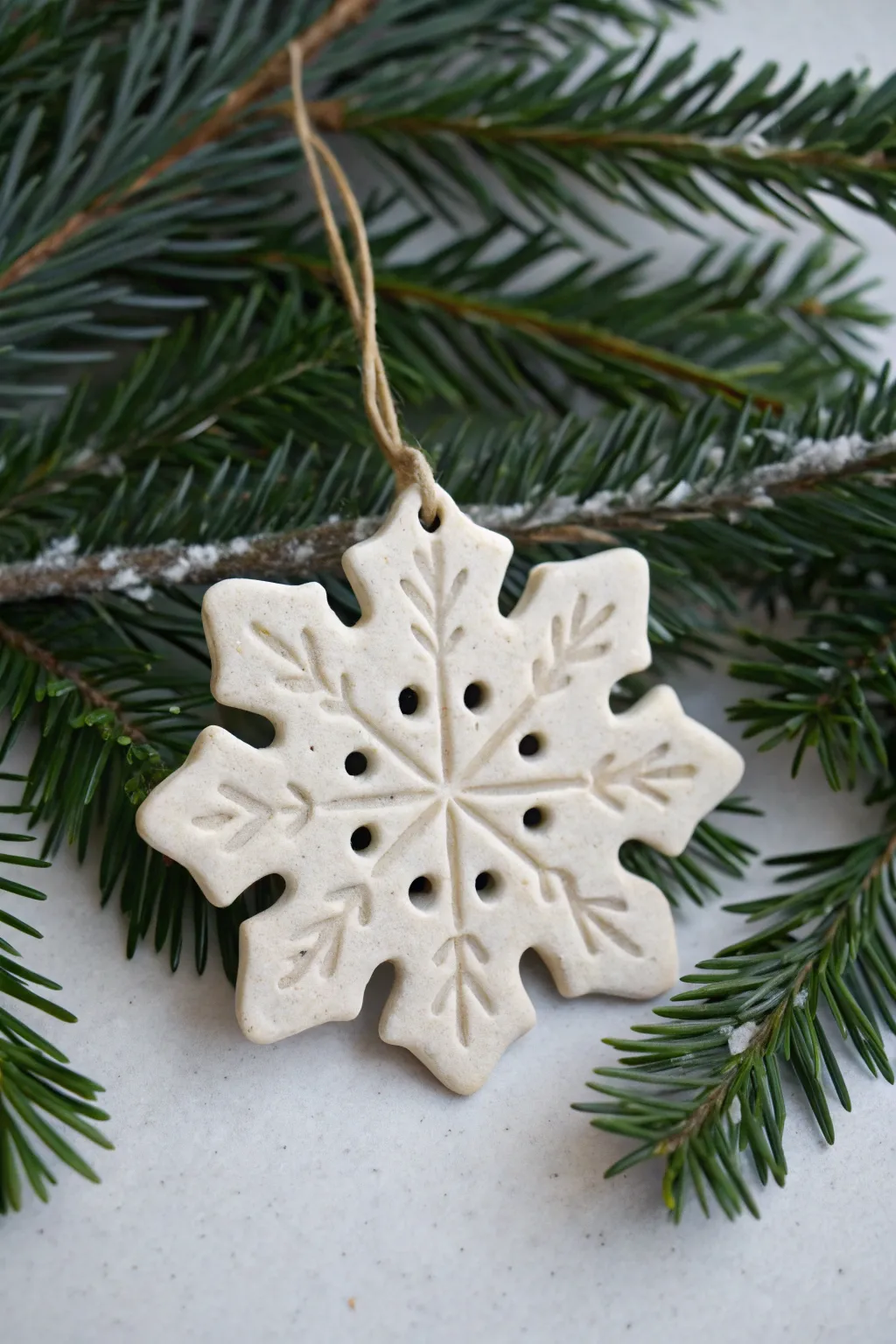 Minimal white clay snowflake ornament with lacy cutouts on deep green pine, wintery and chic.
