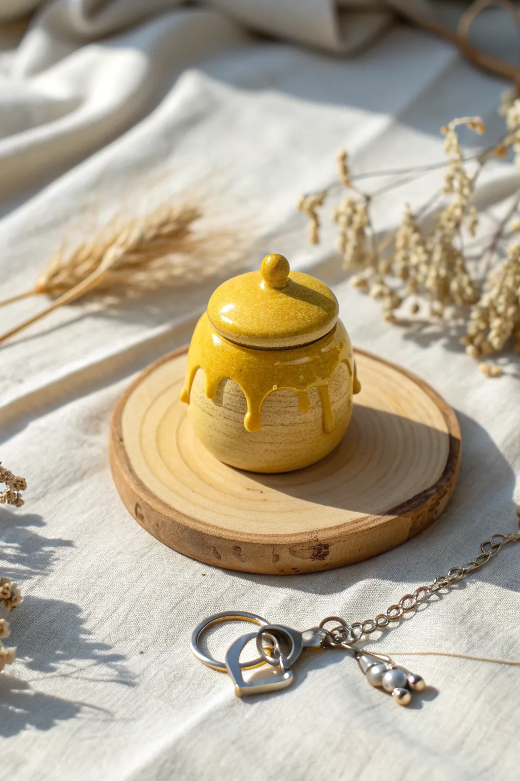 Sweet yellow clay charm with a glossy honey drip, styled simply on warm wood and linen.