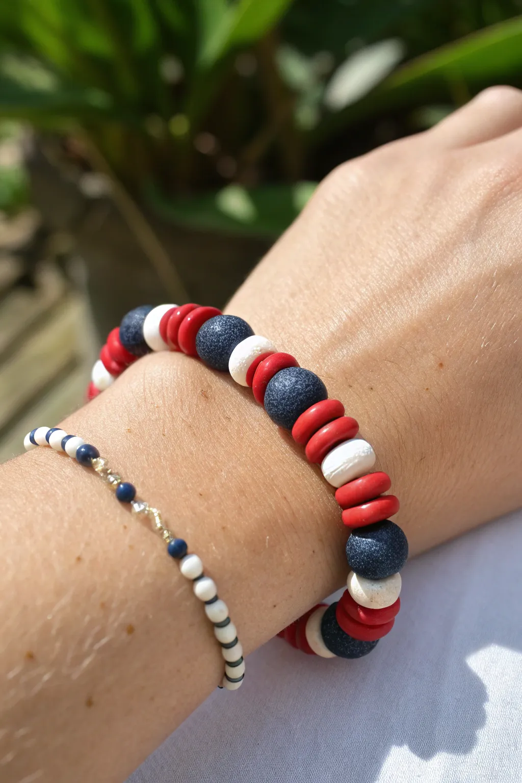 Firecracker stripes in red, blue, and skinny white spacers for a simple July 4 bracelet