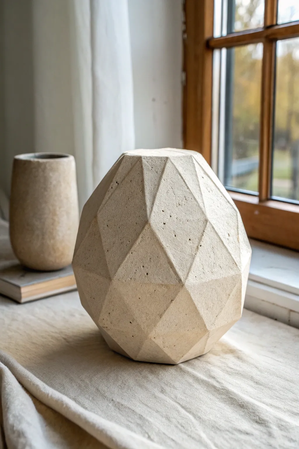 Faceted geometric pebble sculpture, soft planes and organic curves in calm Scandinavian light.