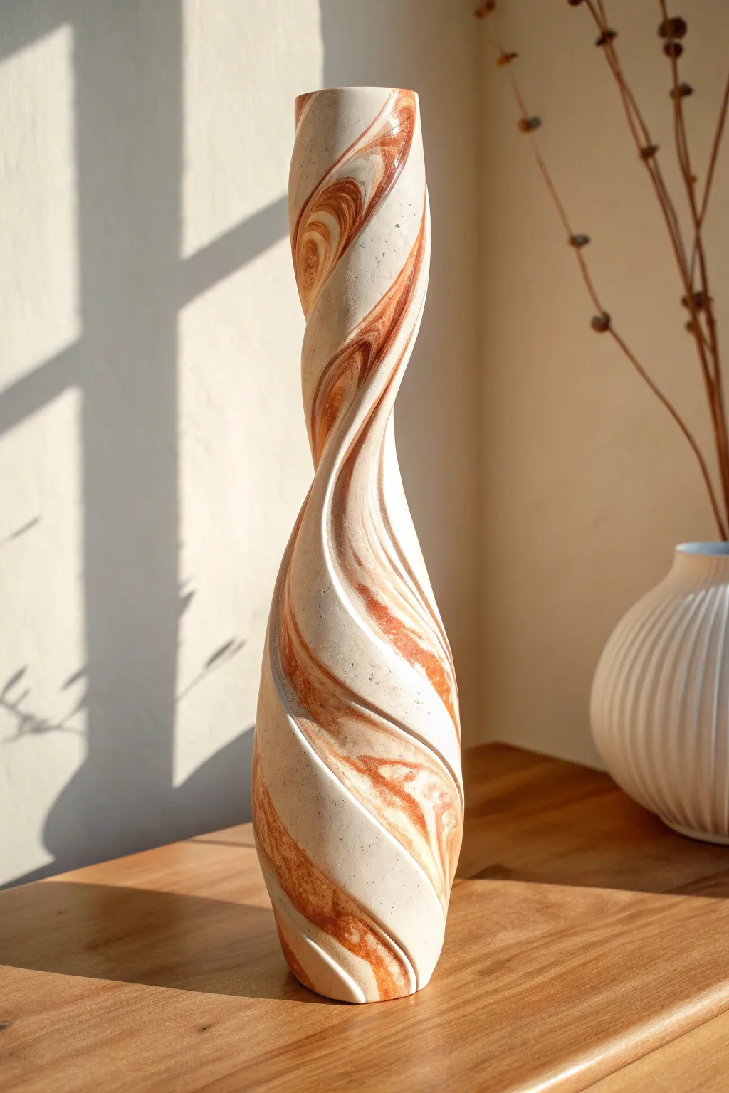 Marbled clay flow sculpture with soft curves and minimalist boho calm for modern shelves.