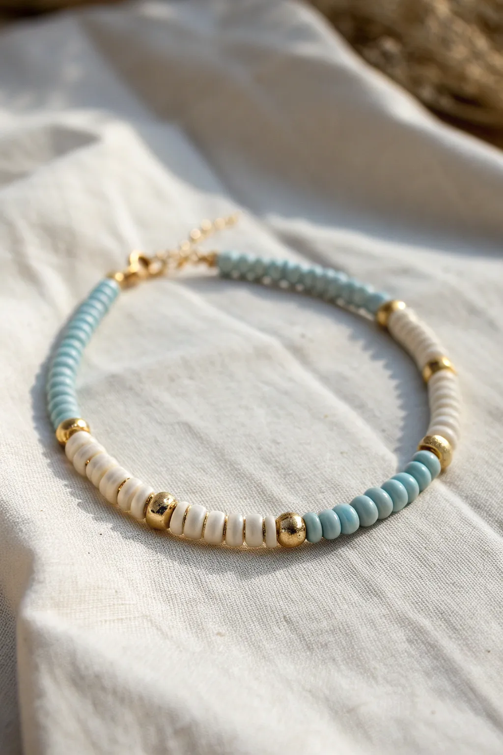 Half-and-half heishi bracelet in cream and soft blue, finished with a centered gold accent bead