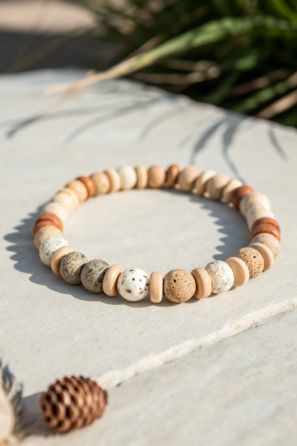 Neutral heishi bracelet with terrazzo confetti beads, styled on stone for effortless boho minimalism