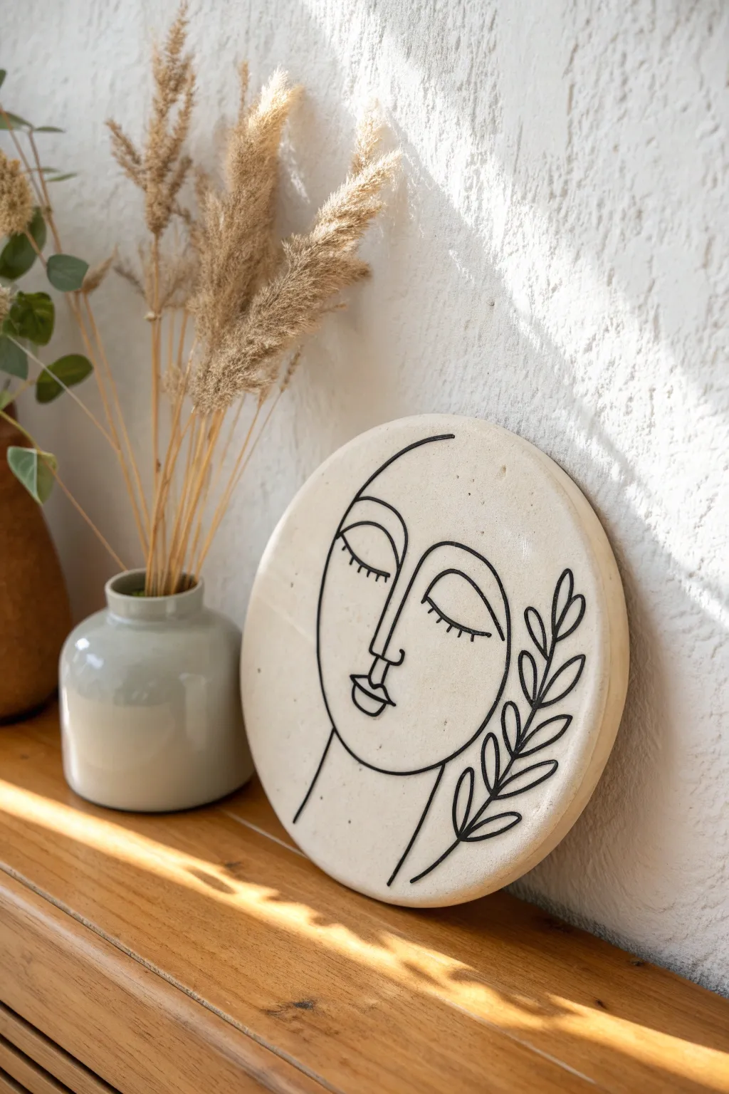 Minimalist one-line face clay plaque in soft neutrals, leaning on a bright tabletop