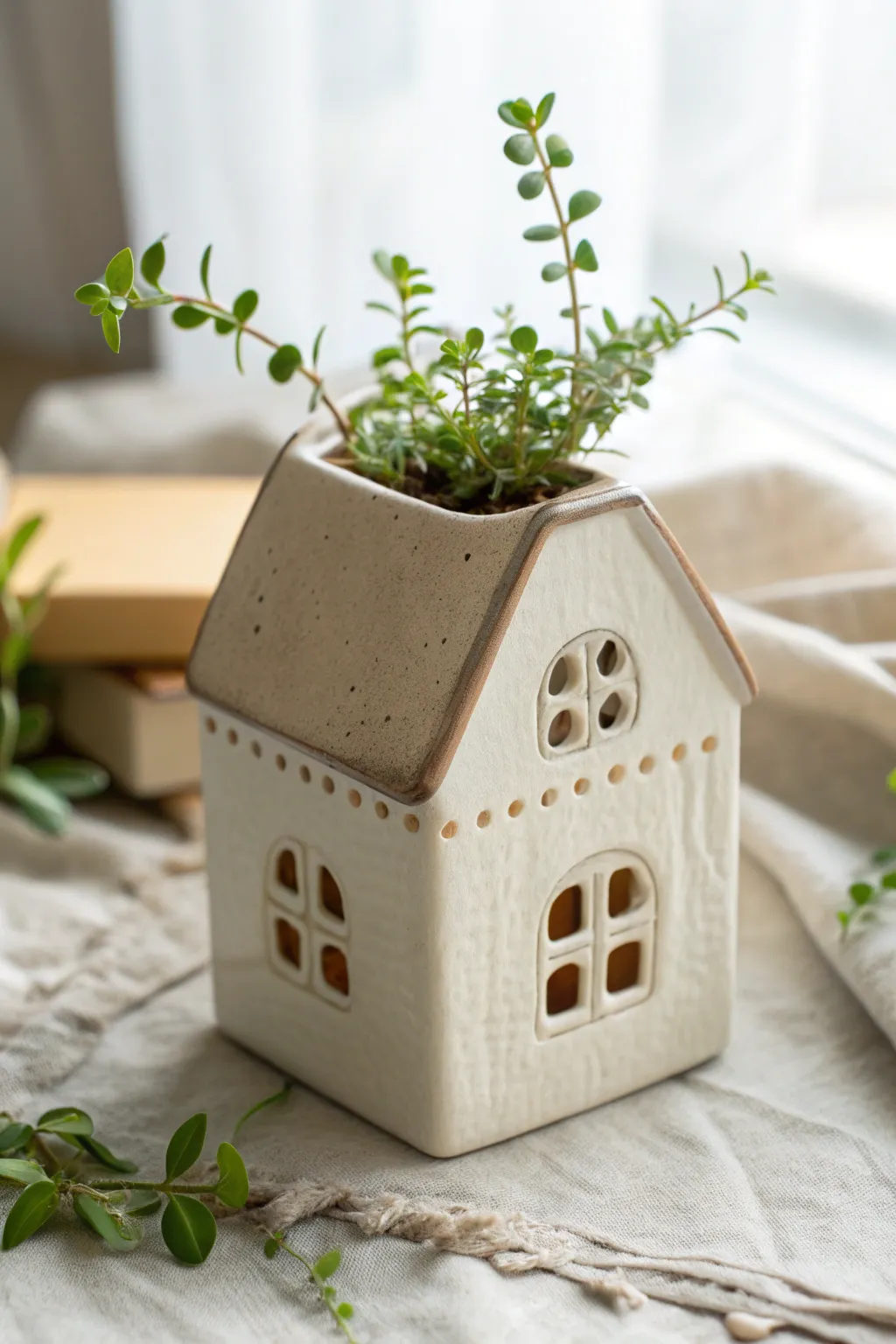 Mini house planter in soft neutrals with a touch of green, minimalist and warmly handmade