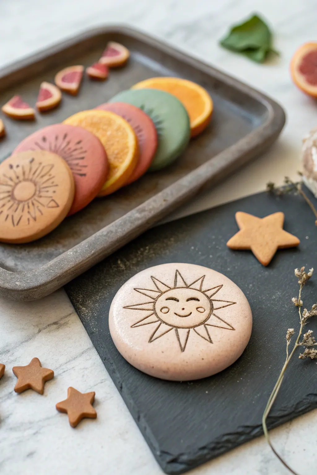 Handmade air-dry clay magnet minis with painted icons in a clean Scandinavian boho style.