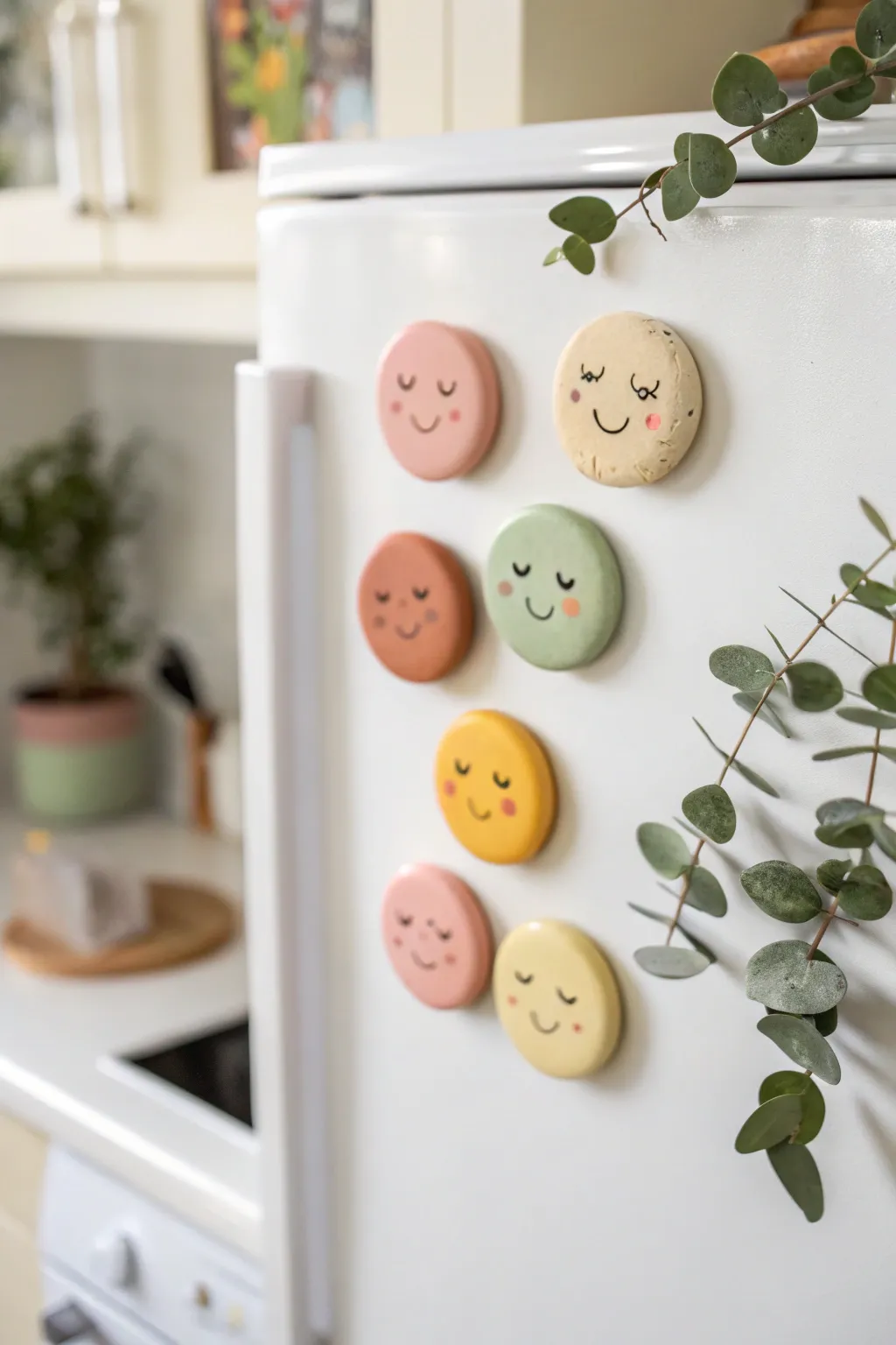 Cute clay face fridge magnets in soft boho pastels, a simple DIY pop of joy for your kitchen.