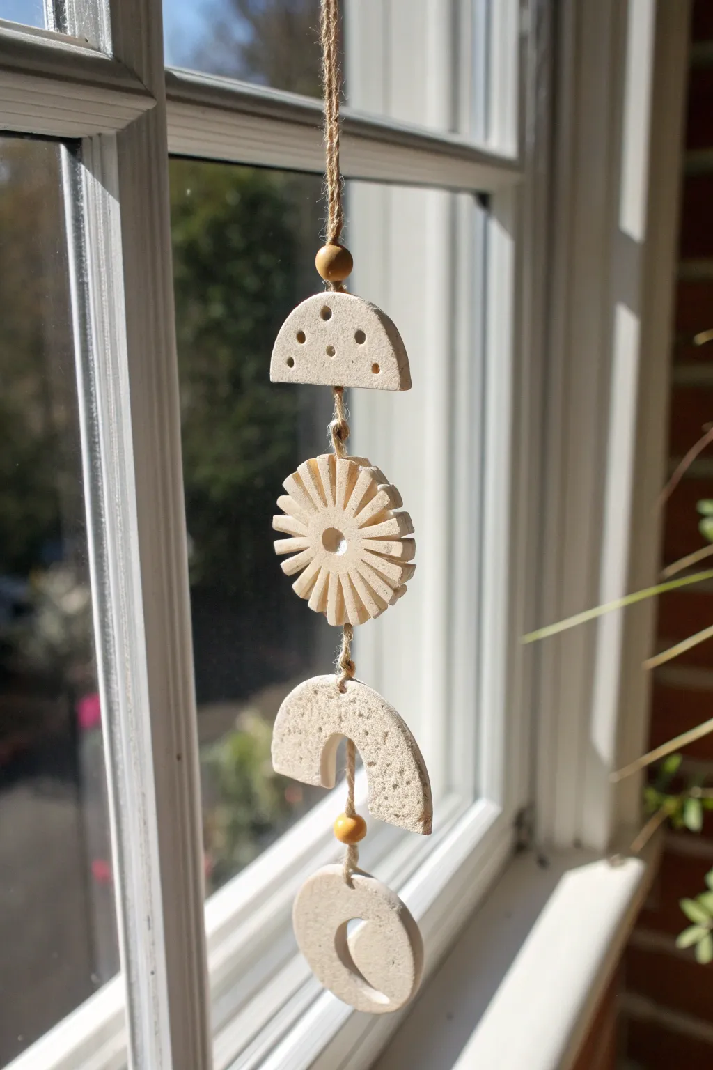 Air-dry clay suncatcher charm strand in soft sunlight, minimal Scandinavian style with boho warmth