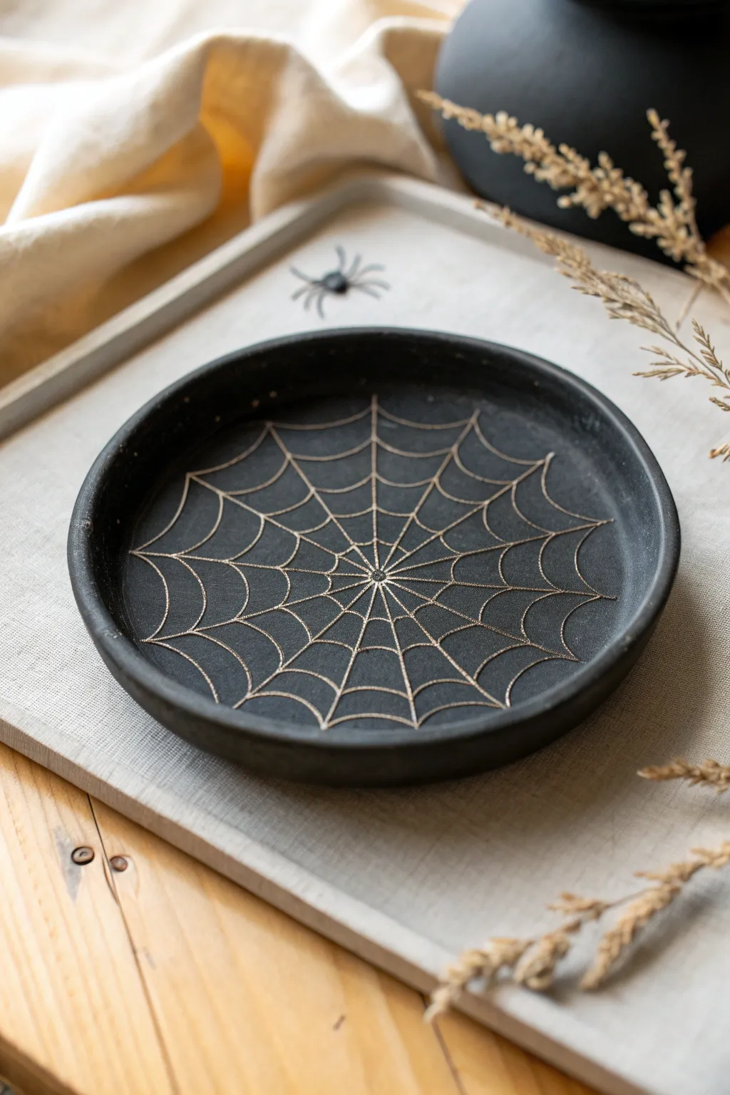 Minimal black spiderweb trinket tray in air-dry clay, a chic Halloween accent with handmade charm