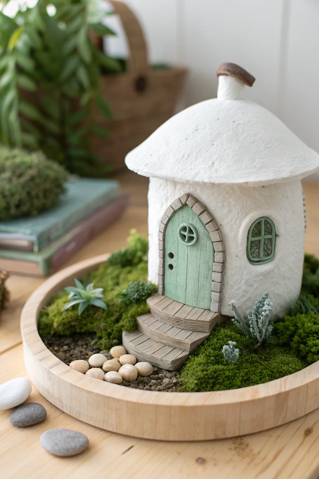 Whimsical air dry clay fairy house on moss with pebble steps for an easy magical mini garden.
