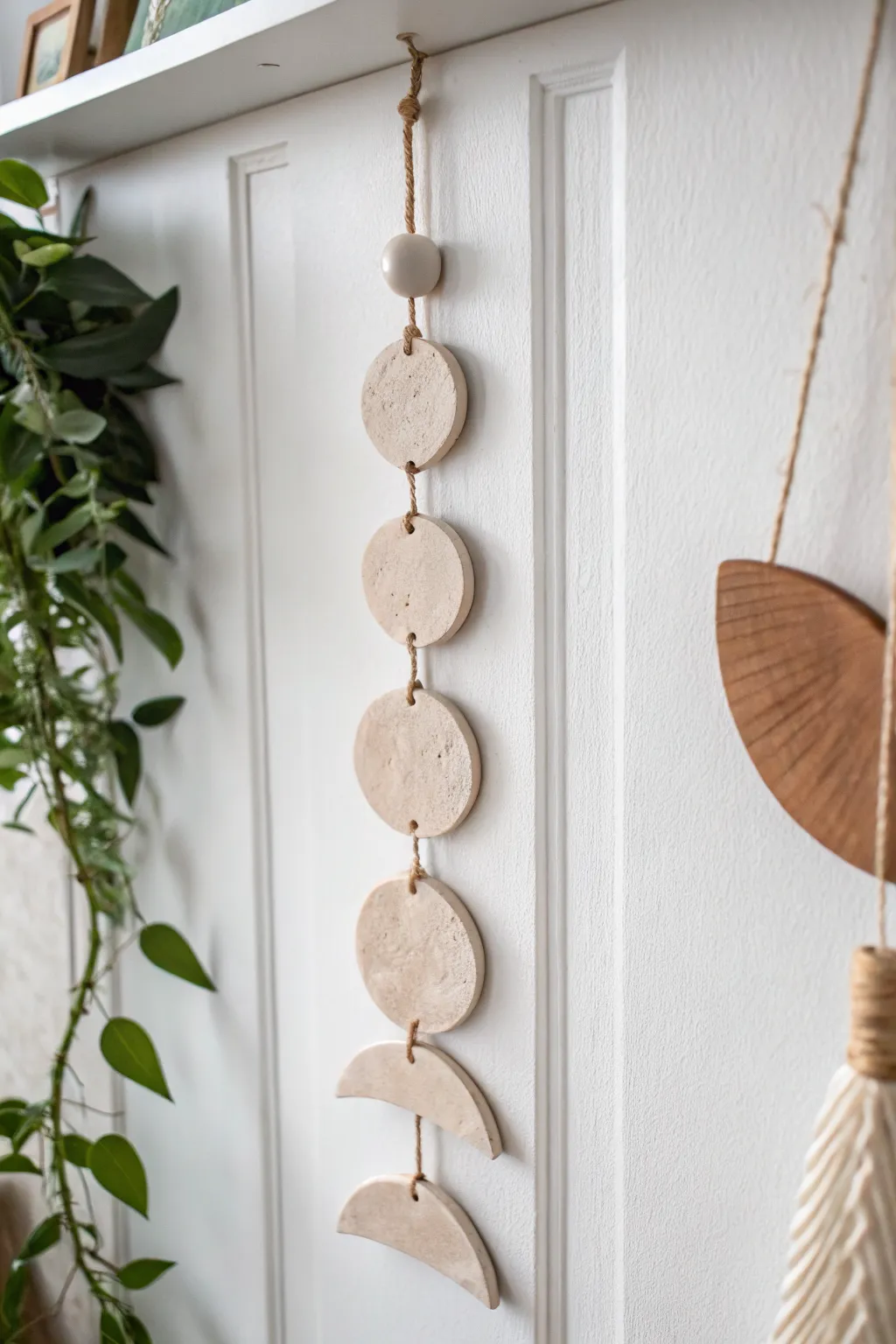 Minimal moon phase wall hanging in air dry clay, a calming beginner project with boho charm.