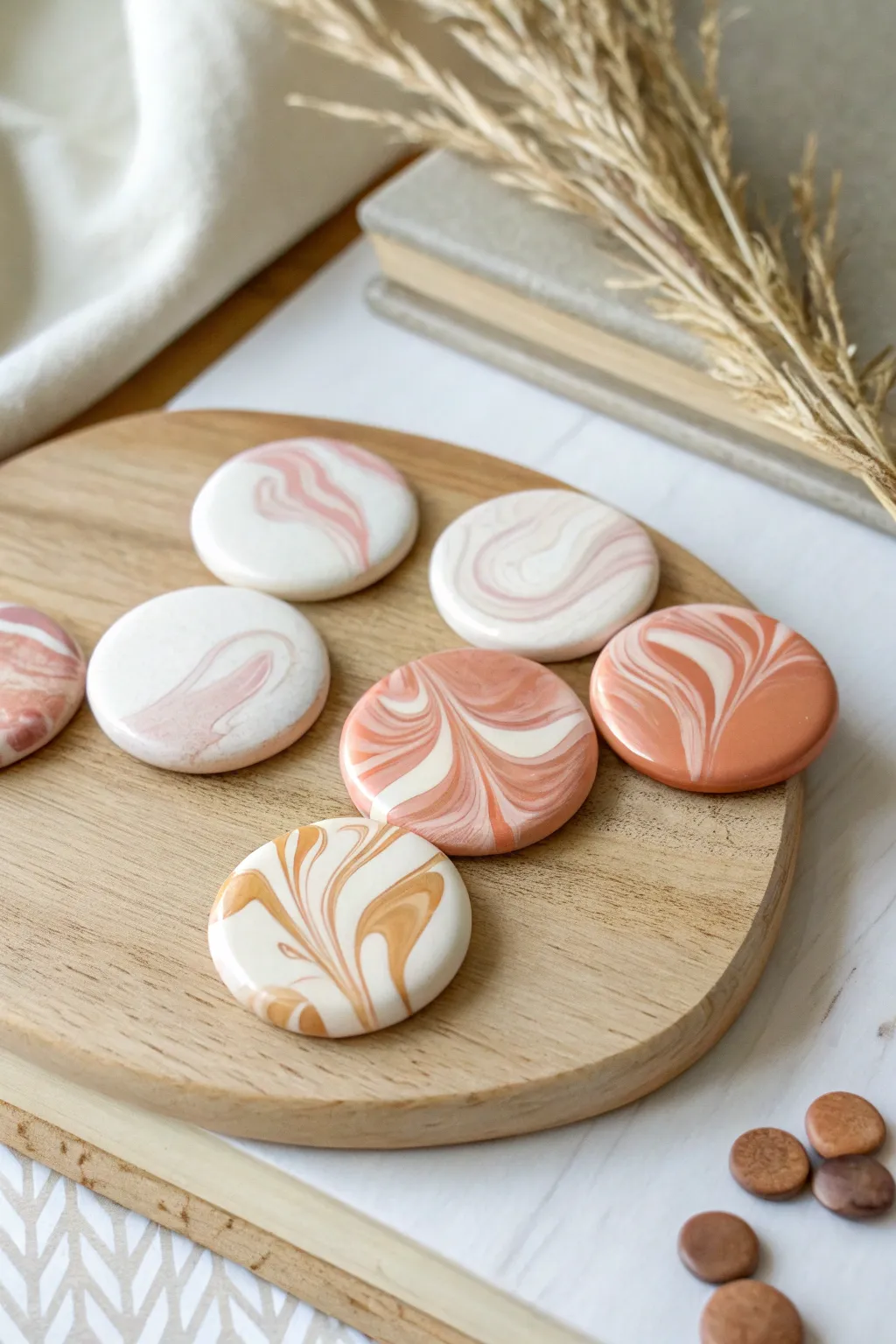Soft marbled swirl air-dry clay magnets in blush and terracotta for a calm, modern look