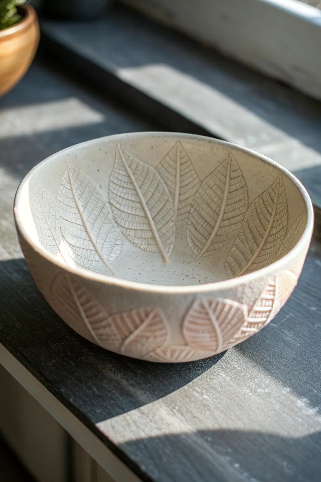 Air dry clay bowl with leaf and lace imprints, softly washed to highlight every detail.