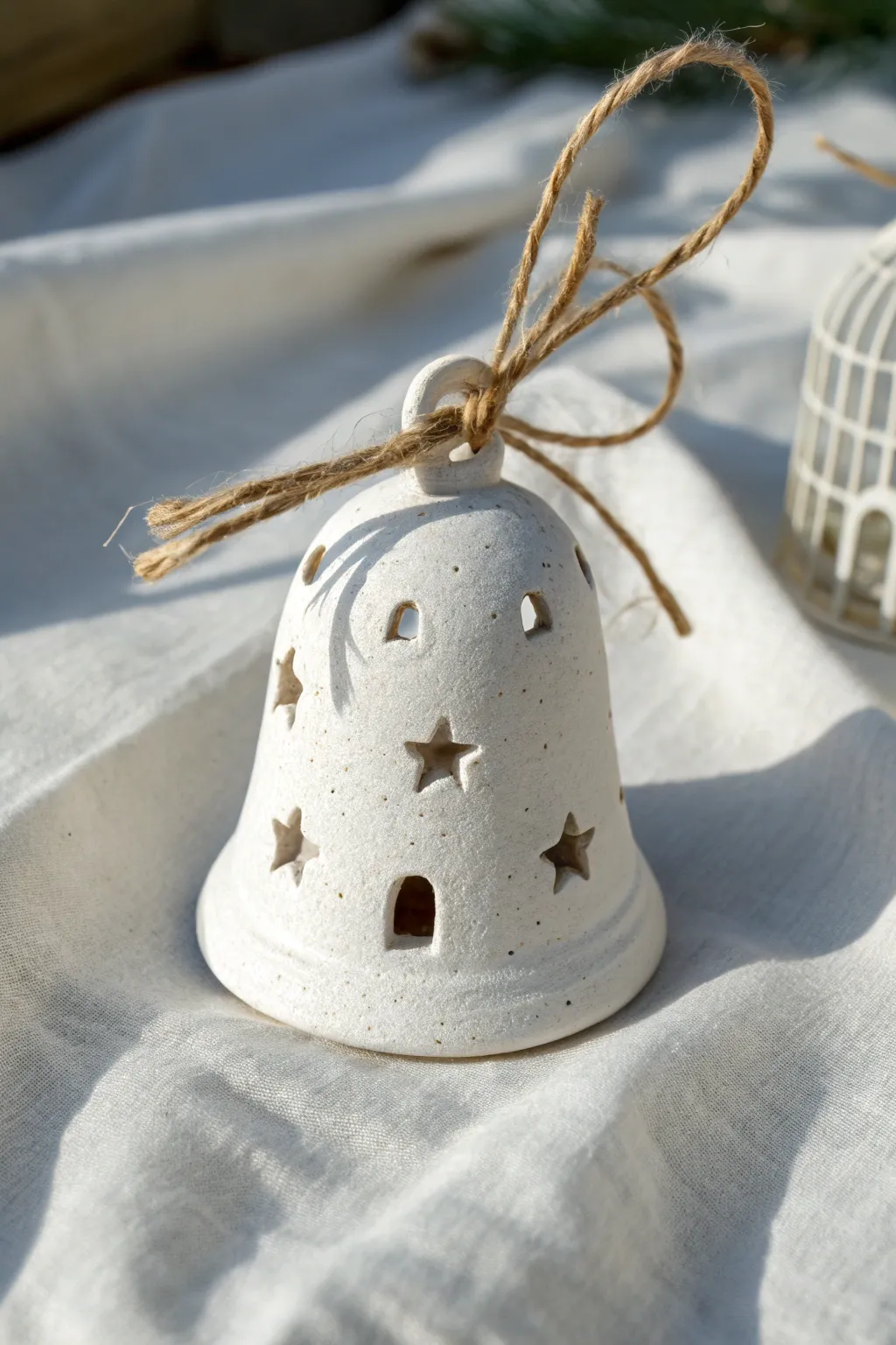 Minimal air clay bell ornament with star cutouts and twine, bright Scandinavian boho styling
