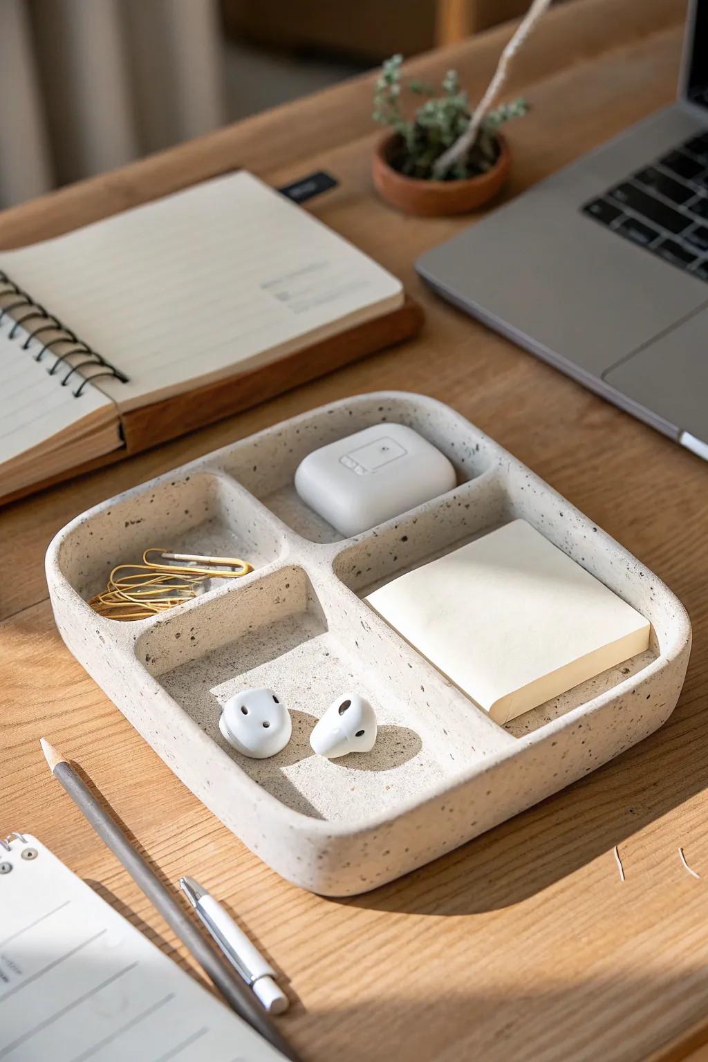 Minimalist air dry clay catch pockets to keep clips, notes, and earbuds beautifully sorted.