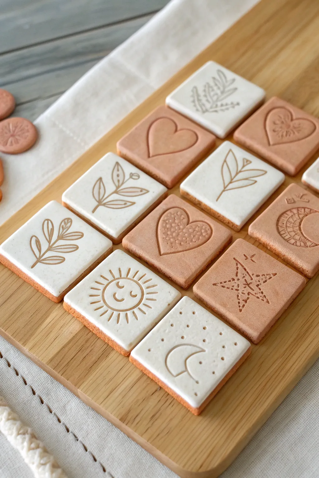 Date night clay stamp tiles in two sets, minimalist icons and warm neutrals for an easy DIY activity