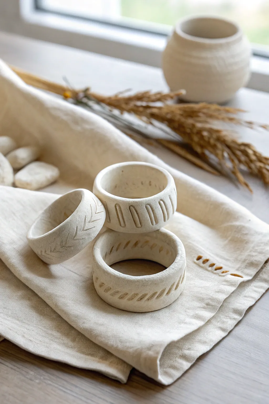 Easy air dry clay napkin rings with linen texture for a calm, minimal, boho table