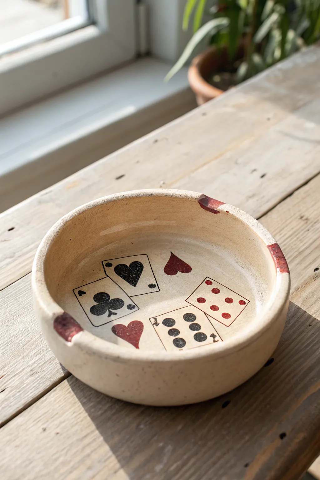 Playful dice and card-suit air-dry clay ashtray, high-contrast minimalist boho decor.
