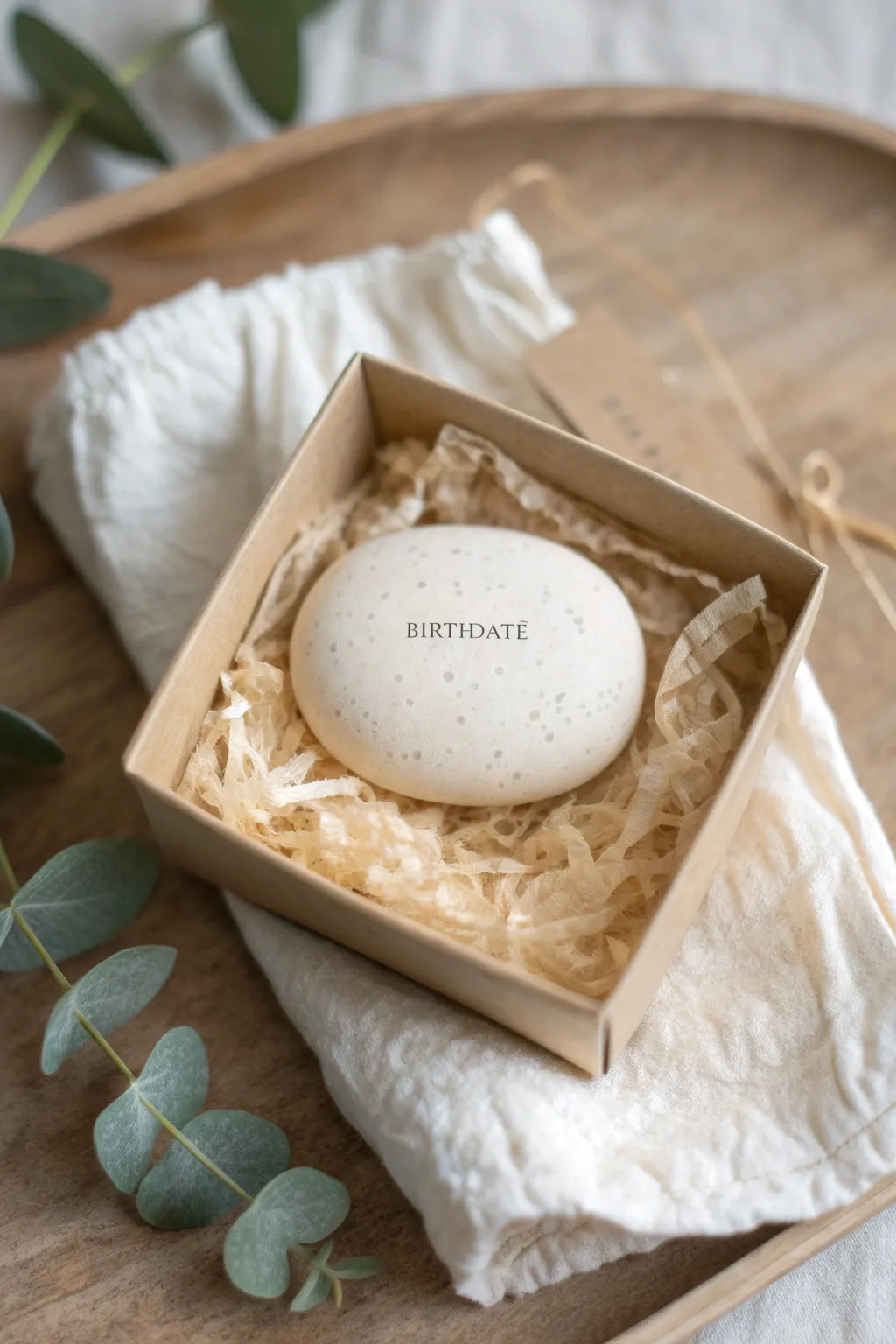 Minimalist air-dry clay worry stone gift, birthdate-stamped and nestled in a cozy gift box.