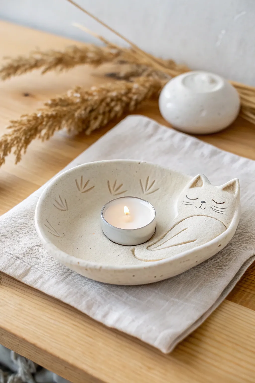 Minimal air dry clay cat dish candle holder in soft neutrals, cozy Scandinavian tabletop.