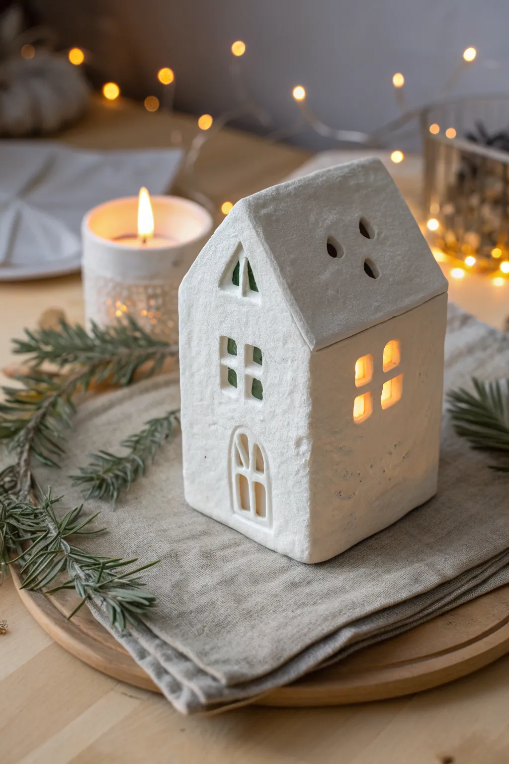 Cozy air dry clay tealight house lantern with cutout windows for a minimalist Christmas village.