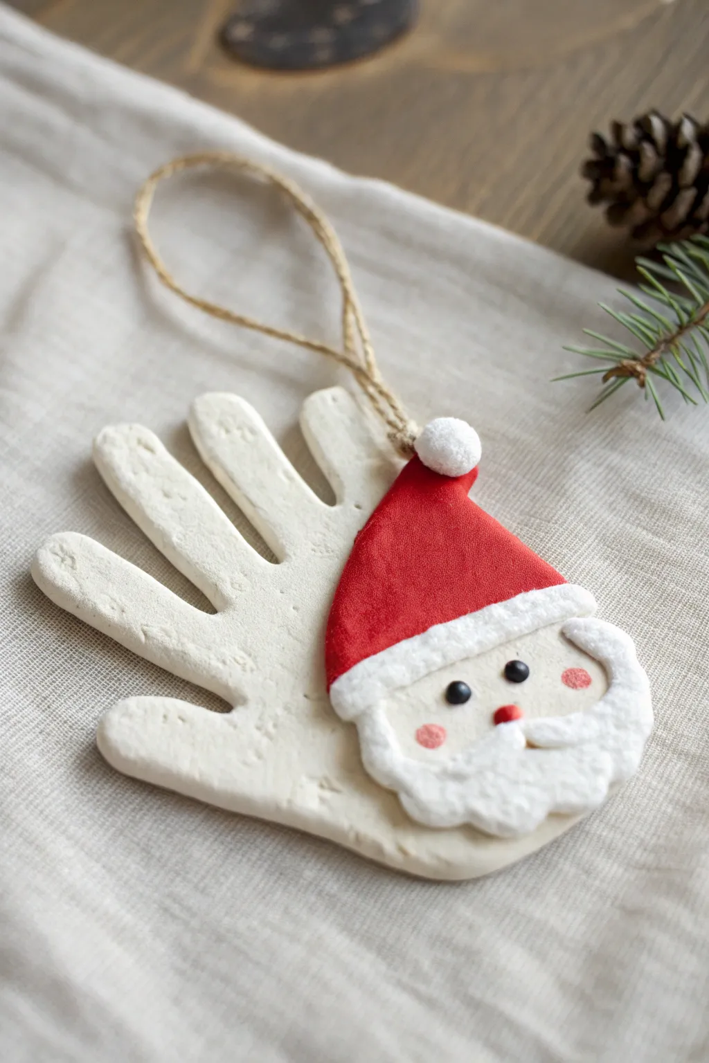 DIY Santa handprint clay ornament keepsake, minimalist and cozy for a Scandinavian Christmas tree