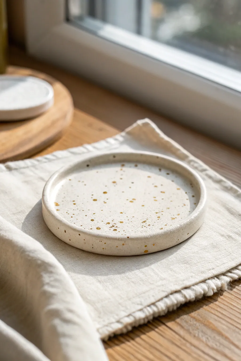 Minimal air-dry clay coaster with subtle gold flecks, glowing softly in clean natural light.